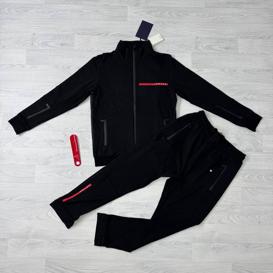 Prada Tracksuit Black Light Bi-Stretch Mens Designer Tracksuit Set Best Sale UK Reps AAA Quality