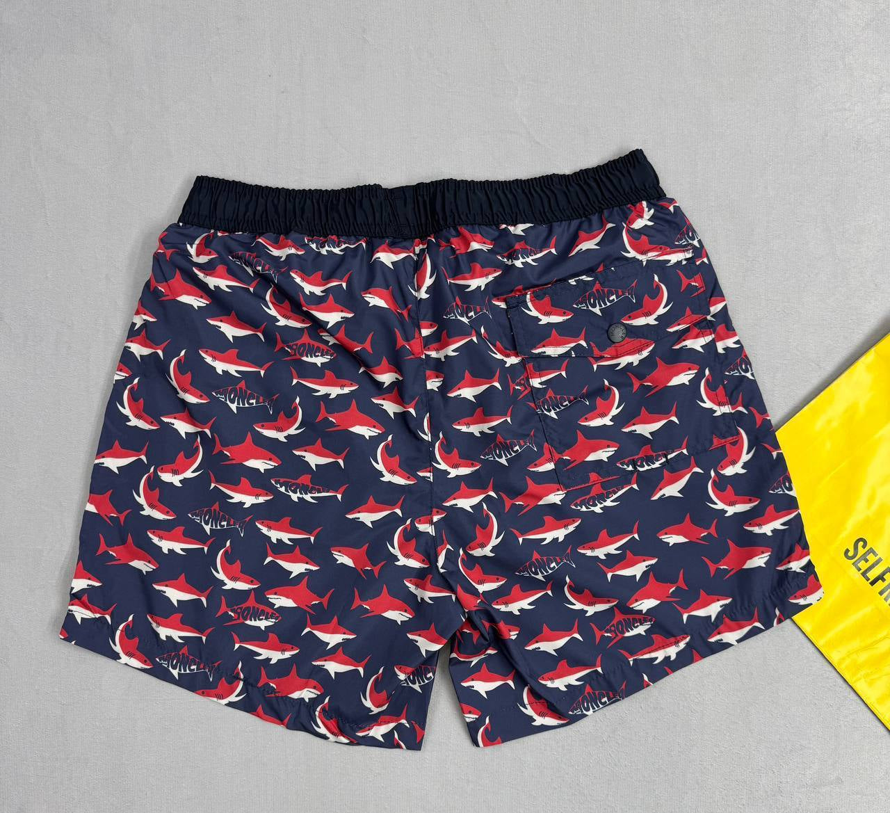 Moncler White & Blue Red Shark Printed Swim Shorts Mens UK Reps AAA Quality