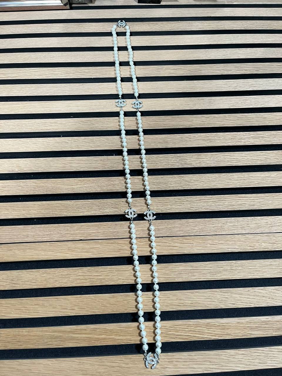 Chanel Pearl Silver Full Crystal Inlaid Chain Silver Beaded Ladies Necklace in 2 Colors UK Reps AAA Quality