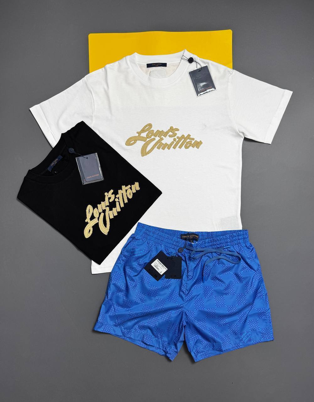 Louis Vuitton Dimension Embroidered Signature T-Shirts & Shorts Set Mens Best Sale UK Reps AAA Quality