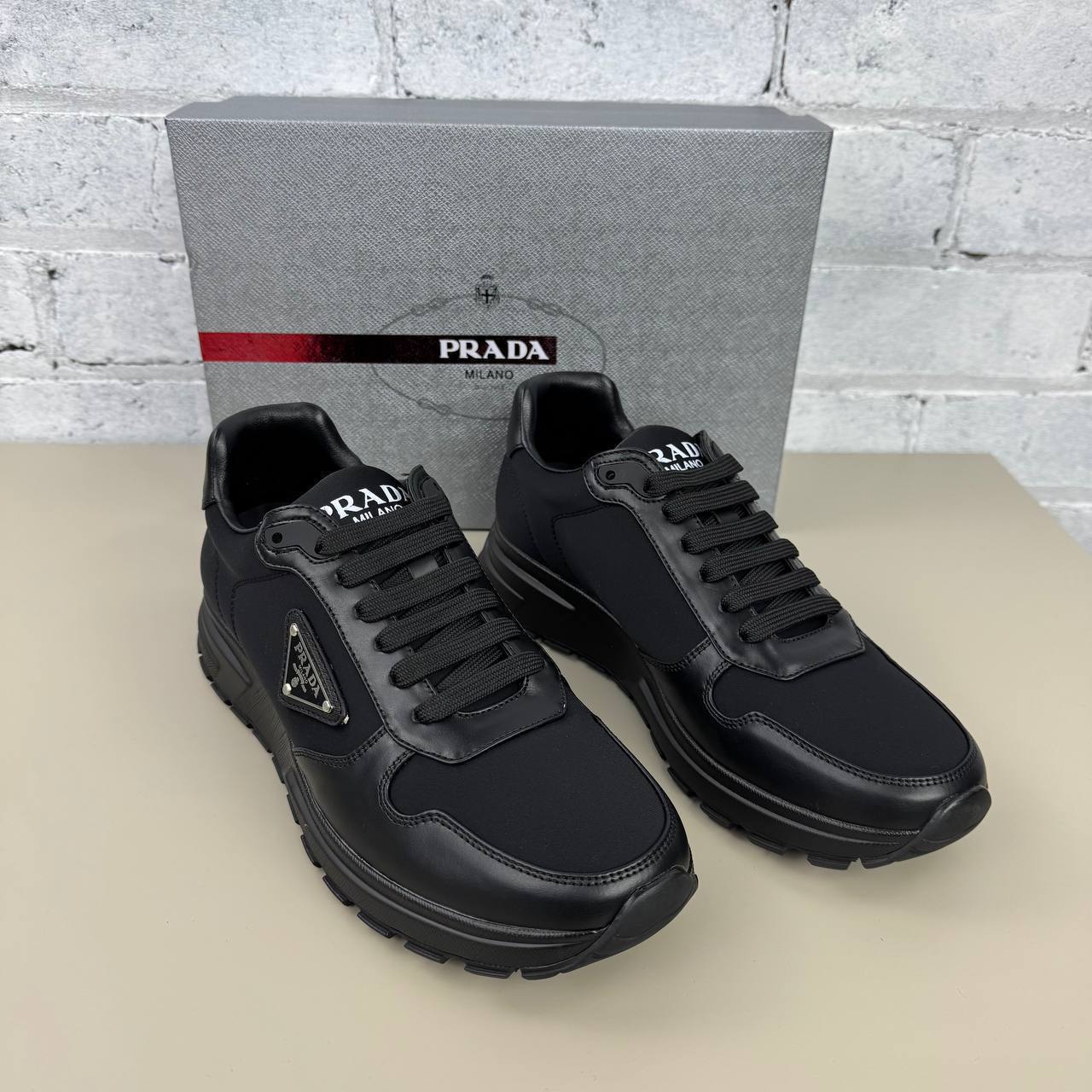 Prada Prax 01 Re-Nylon and Brushed Black Leather Trainers Mens UK Reps AAA Quality