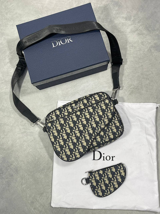 Christian Dior Zipped Pouch with Strap Beige and Black Oblique Jacquard Shoulder Bag Mens Best Sale UK Reps AAA Quality