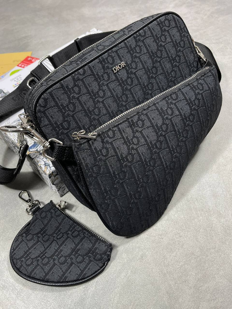 Christian Dior Zipped Pouch with Strap Black Oblique Jacquard Shoulder Bag Mens Best Sale UK Reps AAA Quality