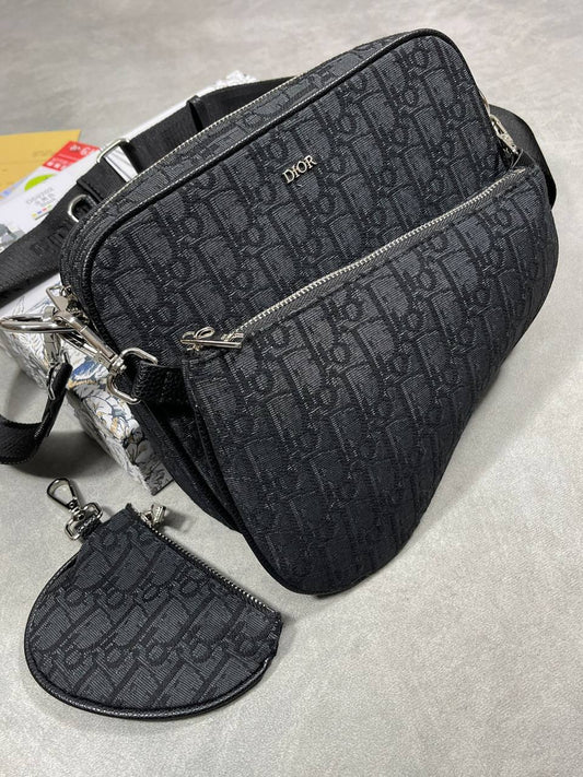Christian Dior Zipped Pouch with Strap Black Oblique Jacquard Shoulder Bag Mens Best Sale UK Reps AAA Quality