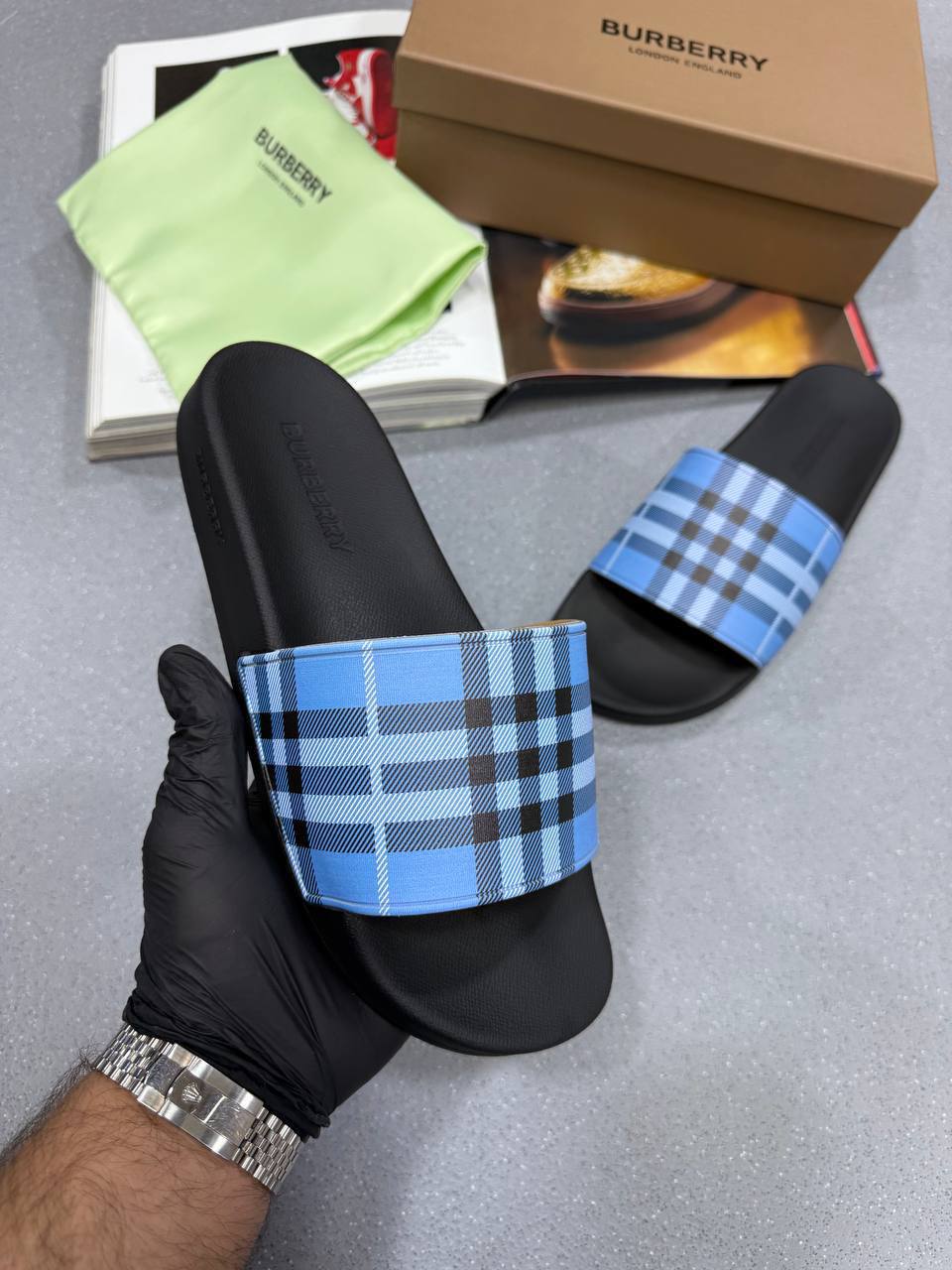 Burberry Checked Designer Sliders Blue Mens Best Sale UK Reps AAA Quality