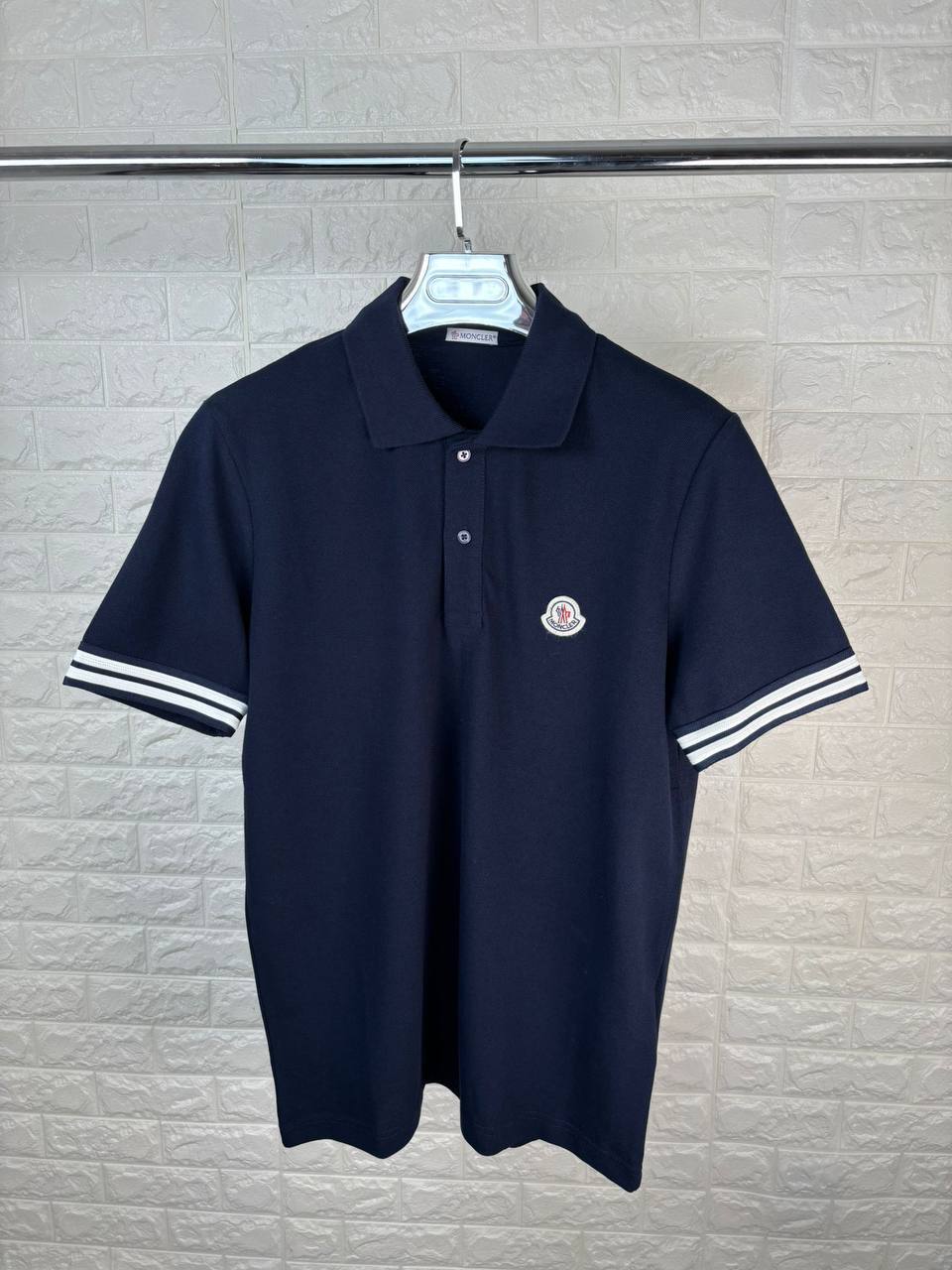 Moncler Logo-Patch Striped Trim Cotton Piquet Polo Shirts Mens UK Reps AAA Quality