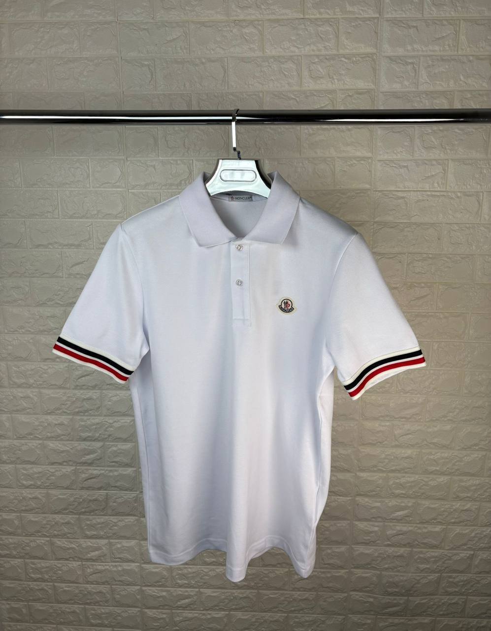Moncler Logo-Patch Striped Trim Cotton Piquet Polo Shirts Mens UK Reps AAA Quality
