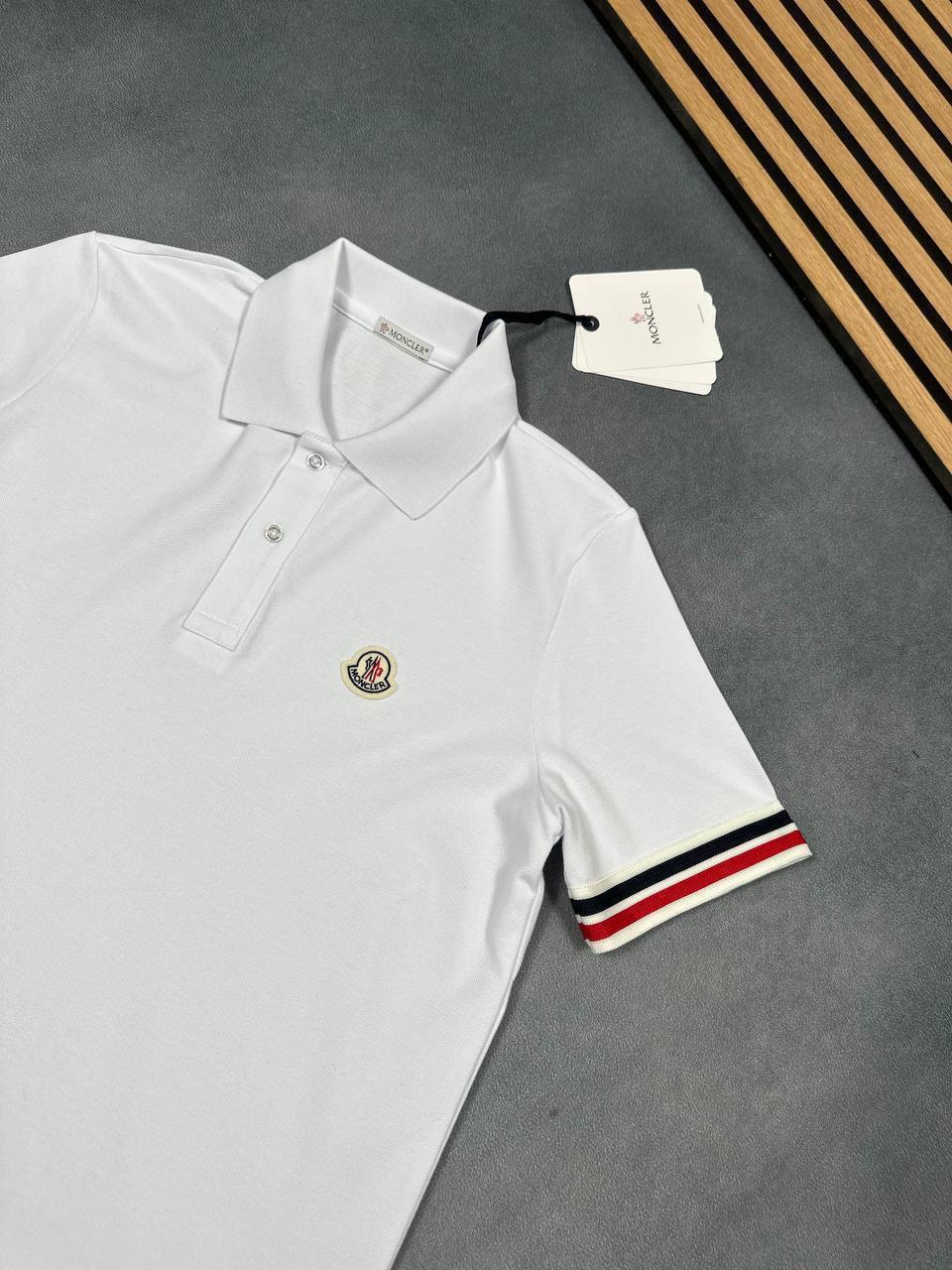 Moncler Logo-Patch Striped Trim Cotton Piquet Polo Shirts Mens UK Reps AAA Quality
