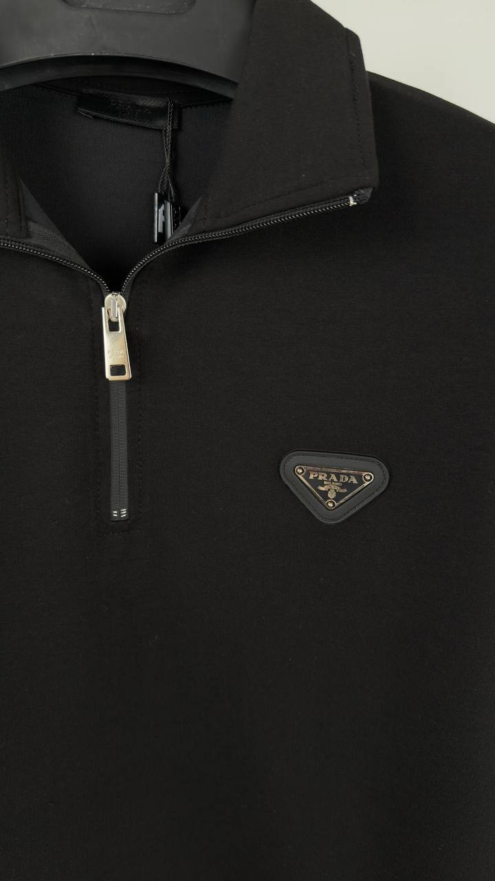 Prada Triangle Logo Half Zip Long Sleeve Cotton Mens Jumpers in 2 Colors Best Sale UK Reps AAA Quality