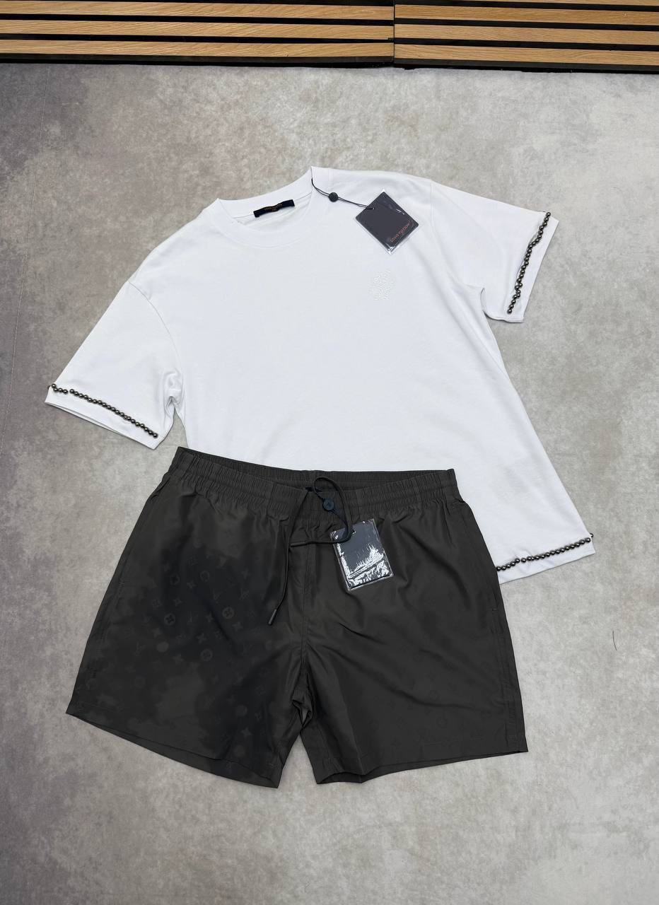 Louis Vuitton Pearl-Embellished Set Mens T-Shirt & Monogram Gradient Shorts in White & Grey UK Reps AAA Quality