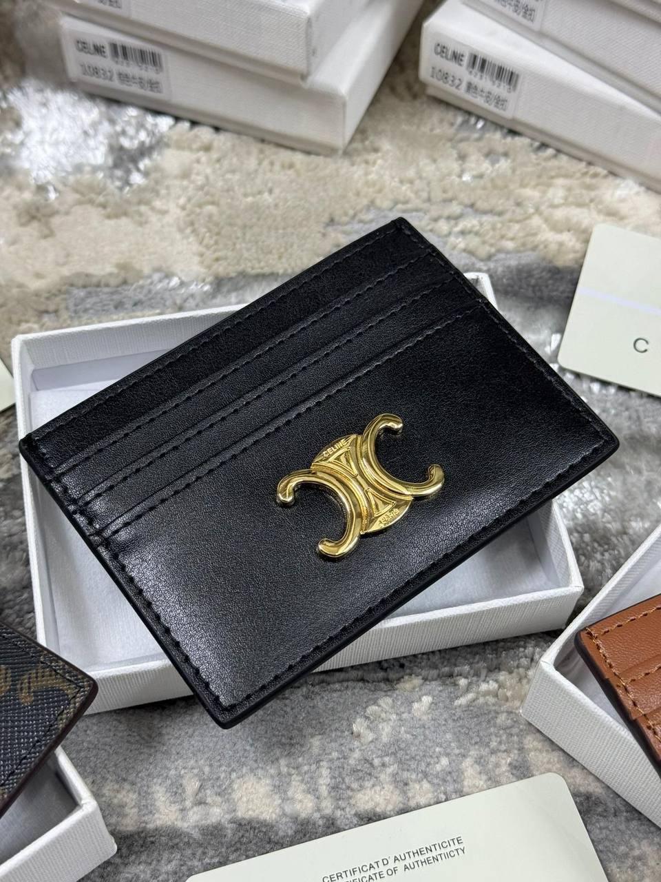 Celine Triomphe Shiny Calfskin Card Holder Mens in Black Color Best Sale UK Reps AAA Quality