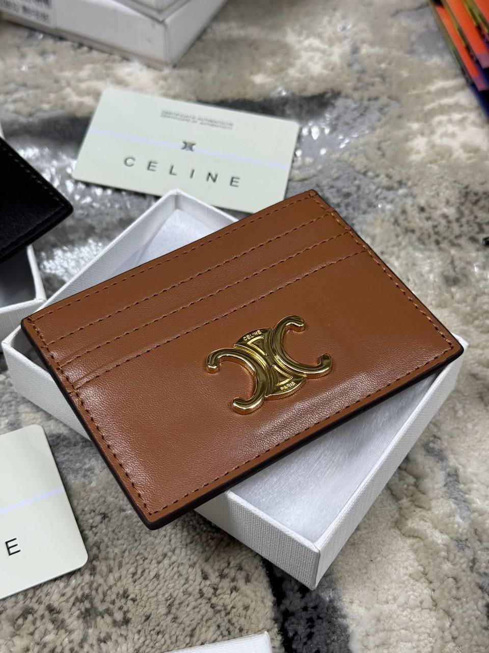 Celine Triomphe Shiny Calfskin Card Holder Mens in Brown Color Best Sale UK Reps AAA Quality