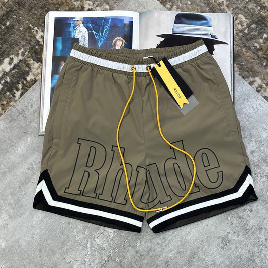 Rhude Logo Nylon Shorts Olive Color Shorts UK Reps Superclone Quality