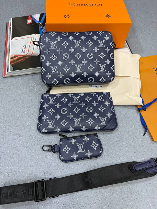 Louis Vuitton Men's Trio Messenger Monogram Shadow Leather Bag in Blue Best Sale UK Reps AAA Quality