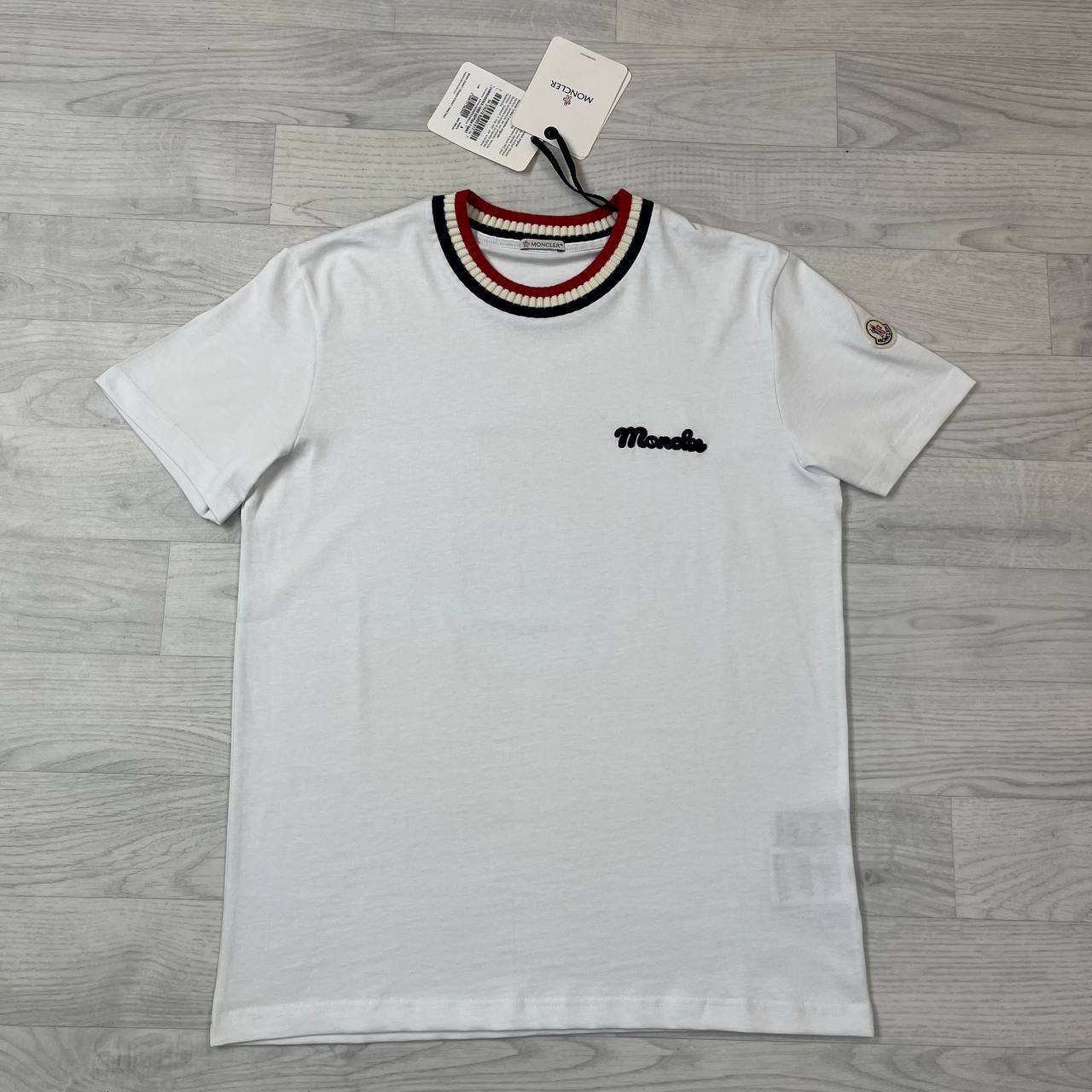 Moncler Striped Stretch-Knit Retro Logo with Striped Crewneck T-shirts Mens UK Reps AAA Quality