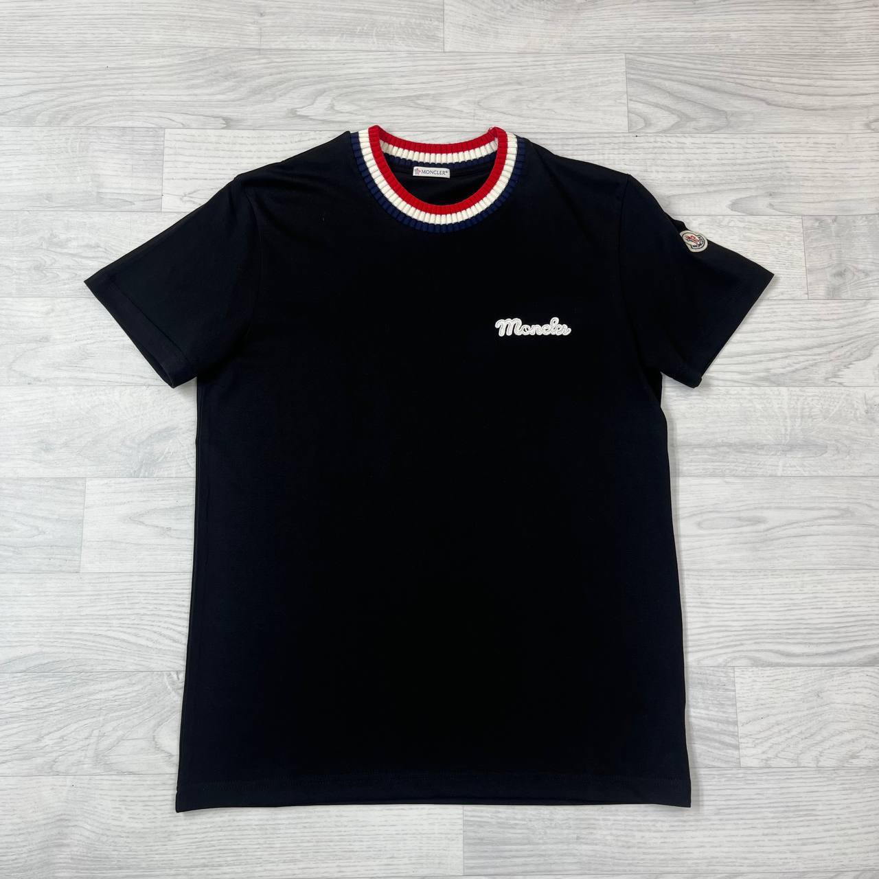 Moncler Striped Stretch-Knit Retro Logo with Striped Crewneck T-shirts Mens UK Reps AAA Quality