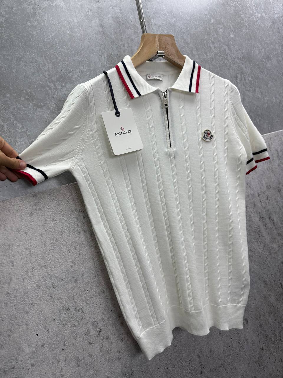 Moncler Cotton Waffle Rib Cuff Patch Half Zip Knitted Polo Shirts Mens in 2 Colors UK Reps AAA Quality