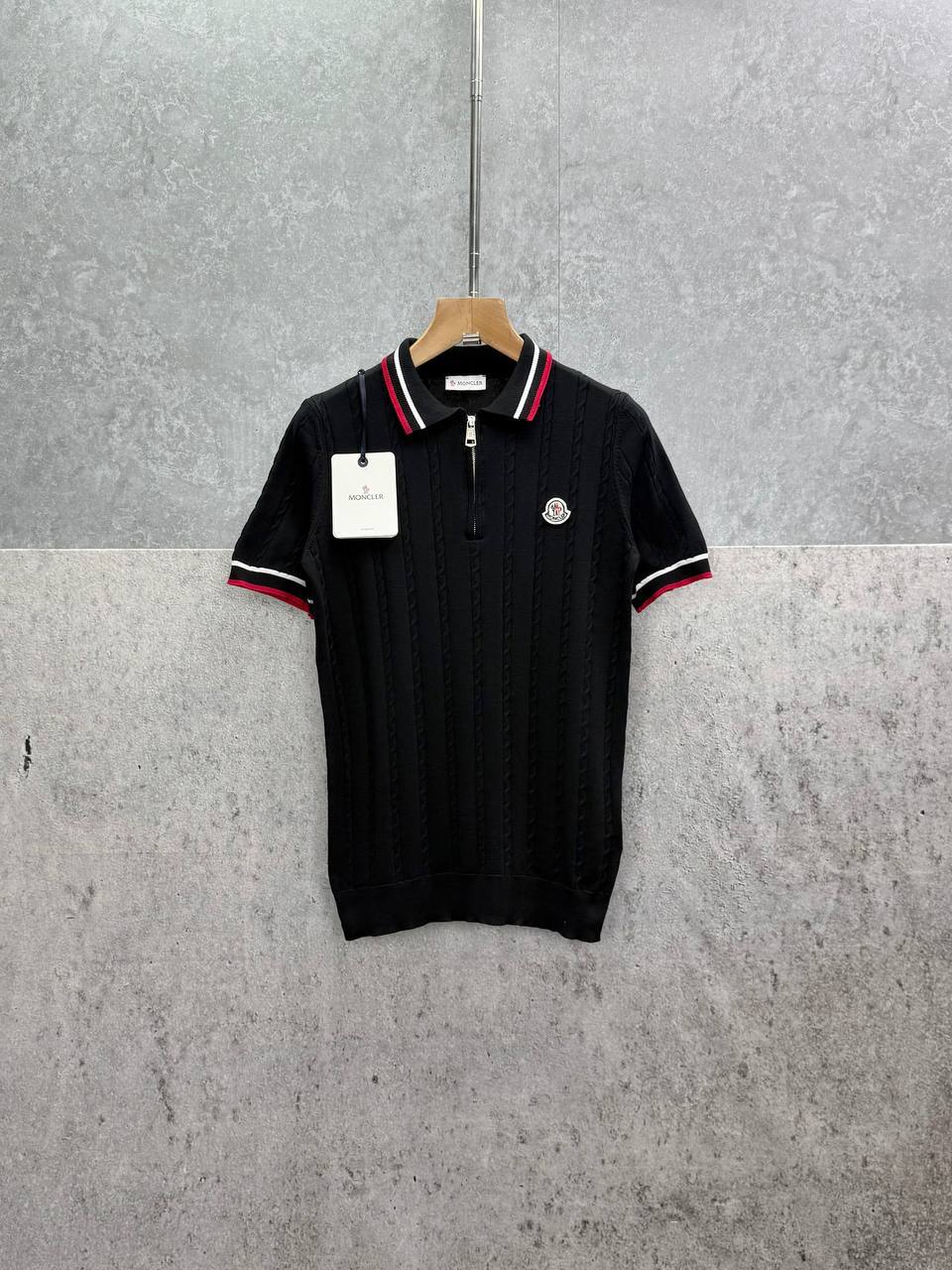 Moncler Cotton Waffle Rib Cuff Patch Half Zip Knitted Polo Shirts Mens in 2 Colors UK Reps AAA Quality