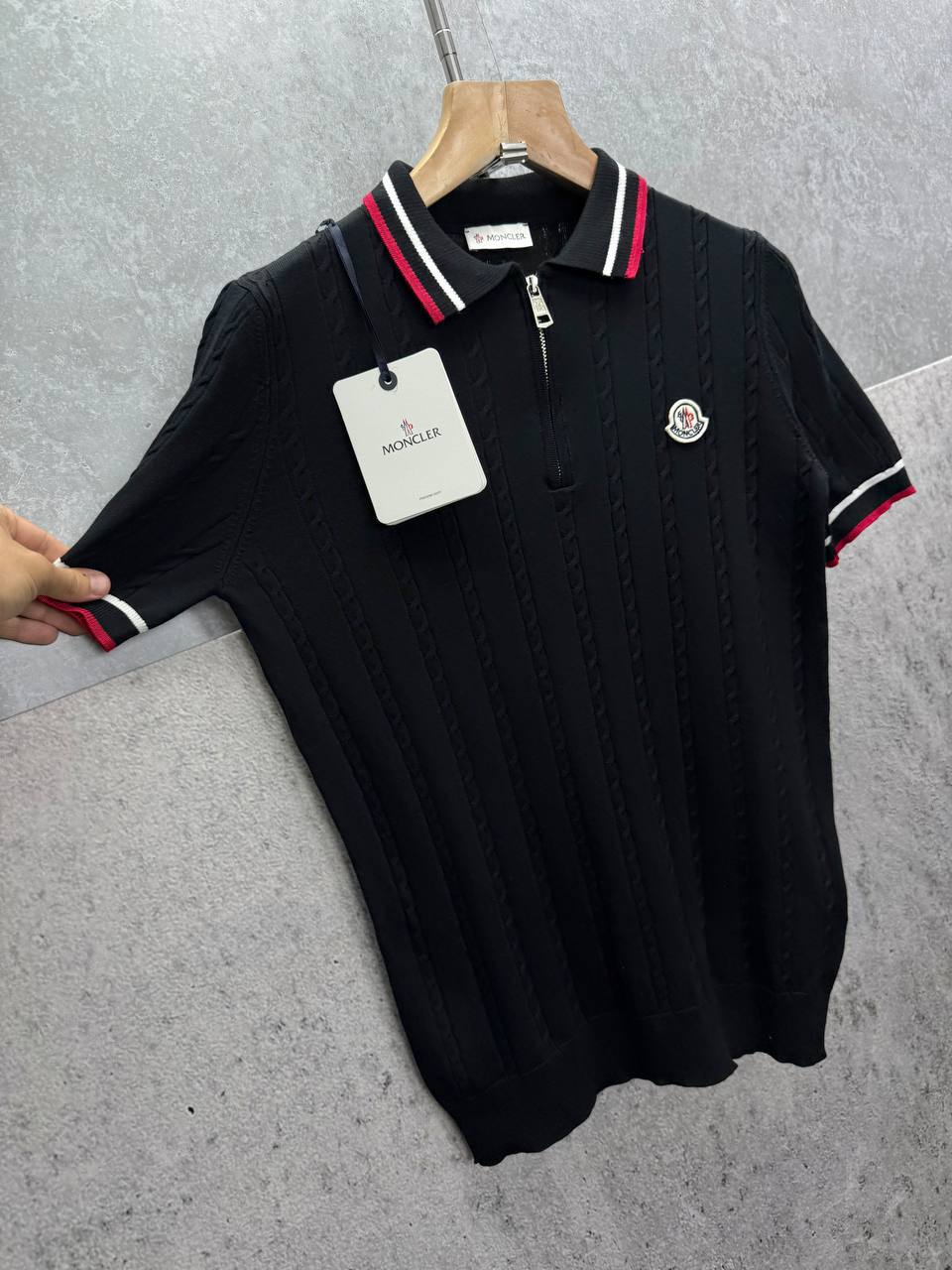 Moncler Cotton Waffle Rib Cuff Patch Half Zip Knitted Polo Shirts Mens in 2 Colors UK Reps AAA Quality