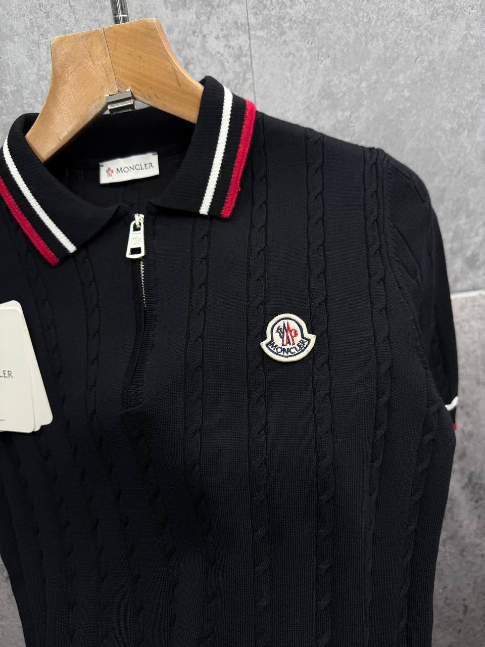 Moncler Cotton Waffle Rib Cuff Patch Half Zip Knitted Polo Shirts Mens in 2 Colors UK Reps AAA Quality