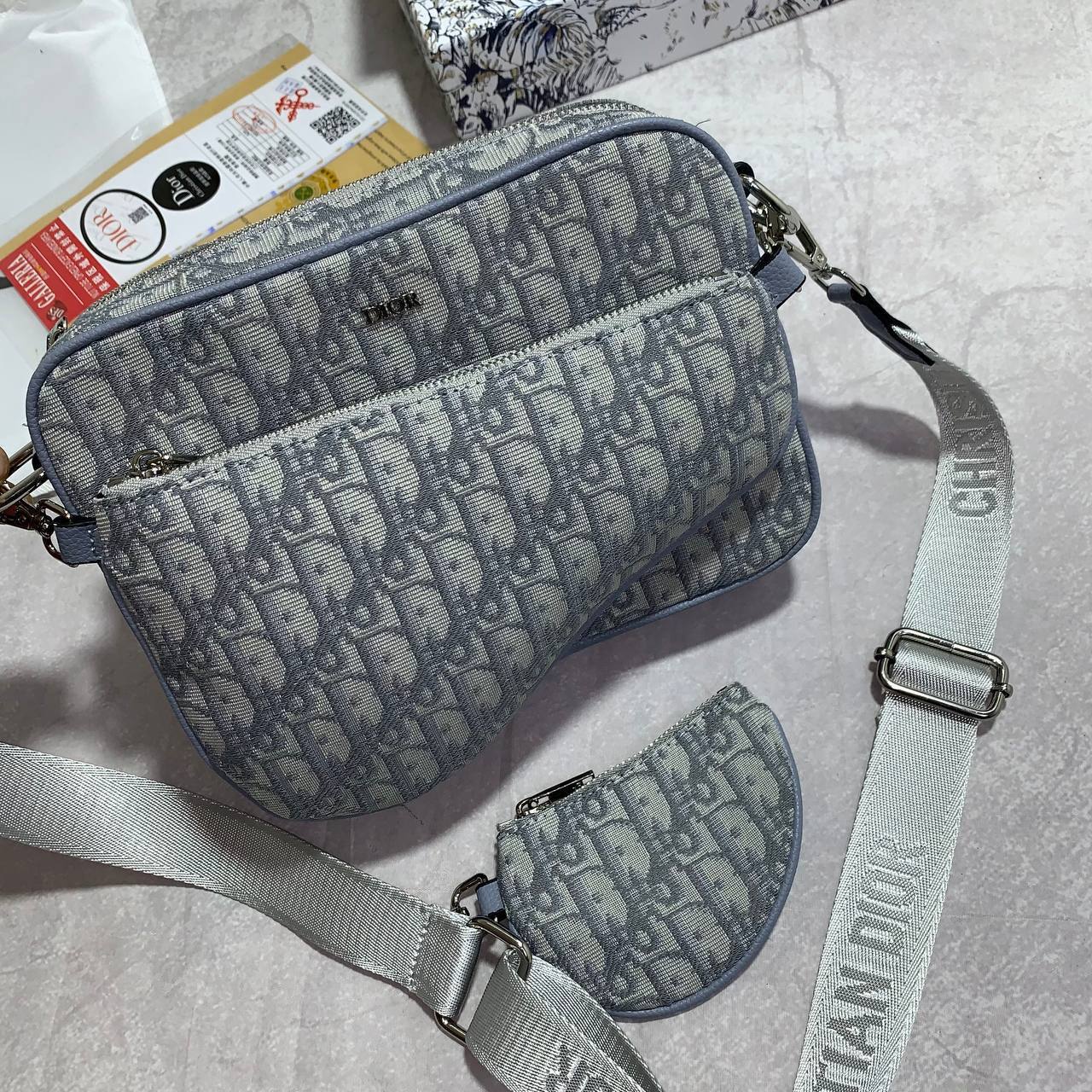 Christian Dior Saddle Triple Pouch Oblique Jacquard Mens Bag in Grey Color Best Sale UK Reps AAA Quality