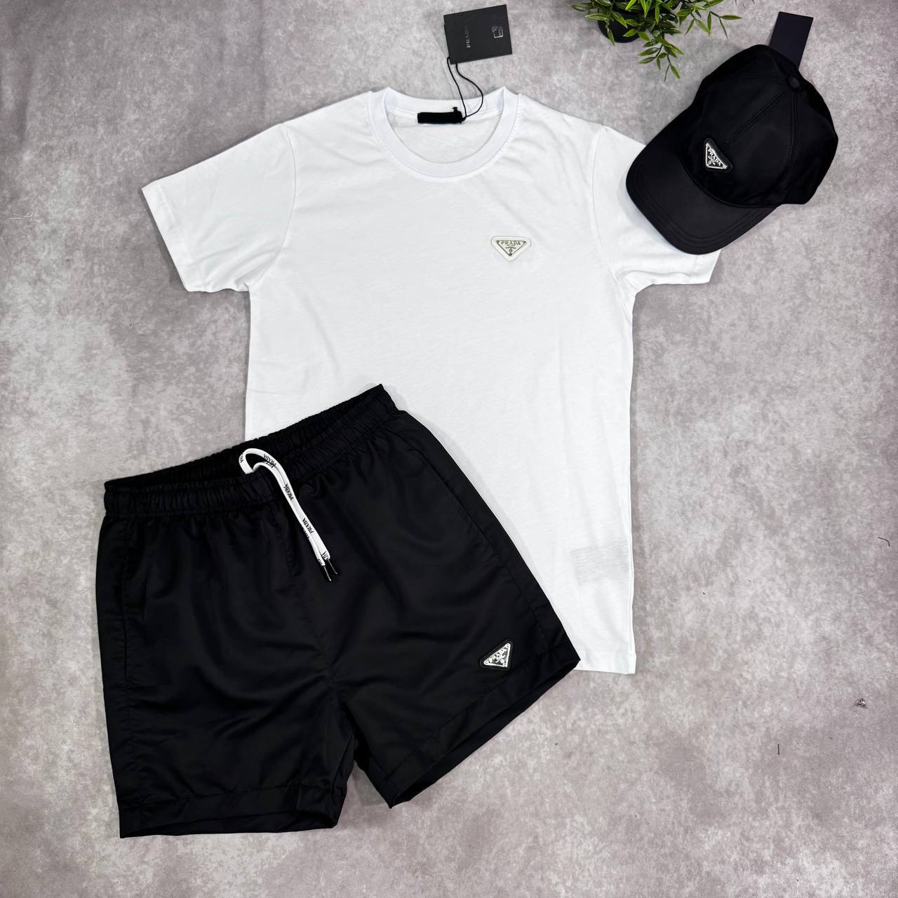 Prada Triangle Logo Short Sleeve T-Shirts & Shorts Set Mens UK Reps AAA Quality