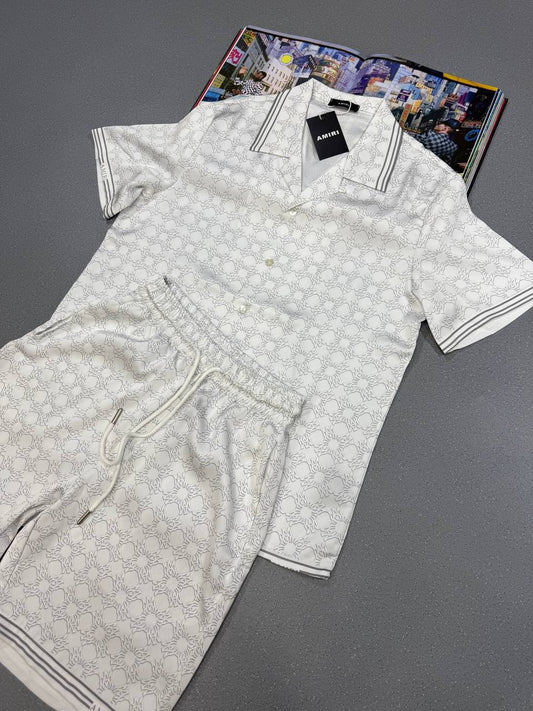 Amiri Mens Fashion Loose Allover Print Shirt & Shorts Set in Beige Color UK Reps AAA Quality