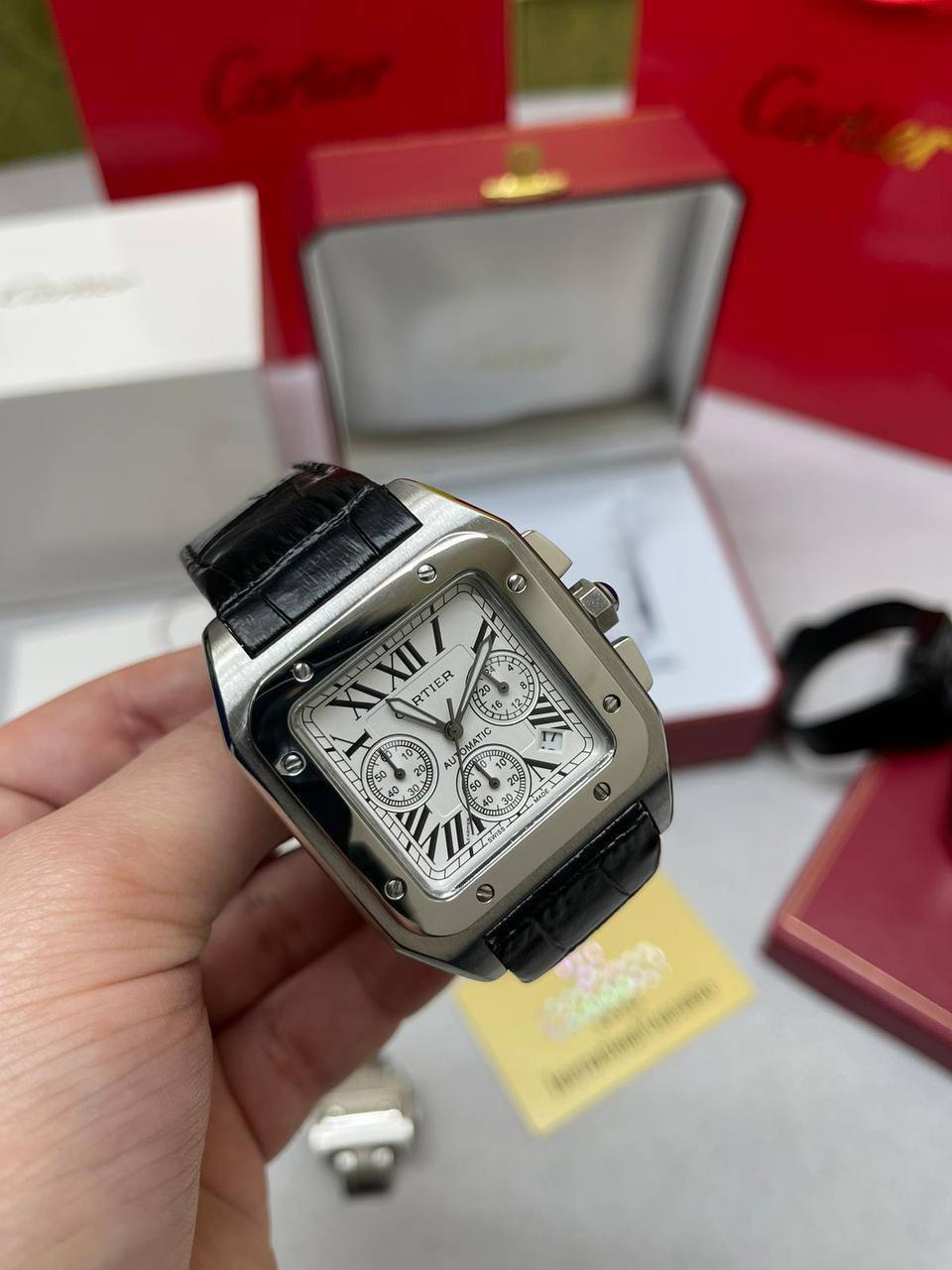 Cartier Santos 100 Chronograph Steel White Dial Black Leather Strap Mens Watch UK Reps AAA Quality
