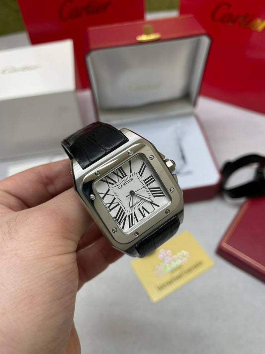 Cartier Santos 100 Steel White Dial Black Leather Strap Mens Watch UK Reps AAA Quality