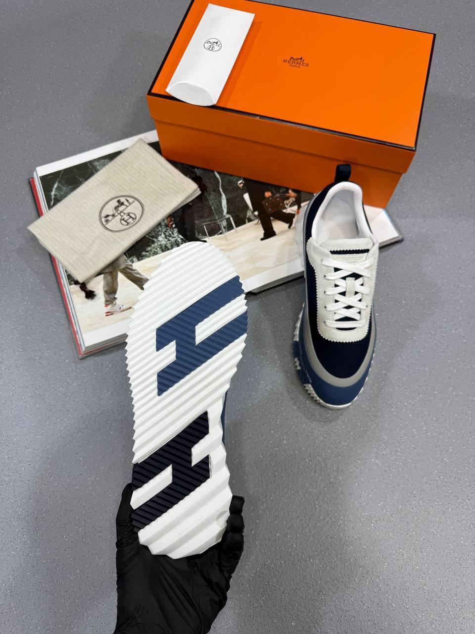 Hermes Leather Blue/Gray Bouncing Sneakers Mens Style & Comfort Best Sale UK Reps AAA Quality