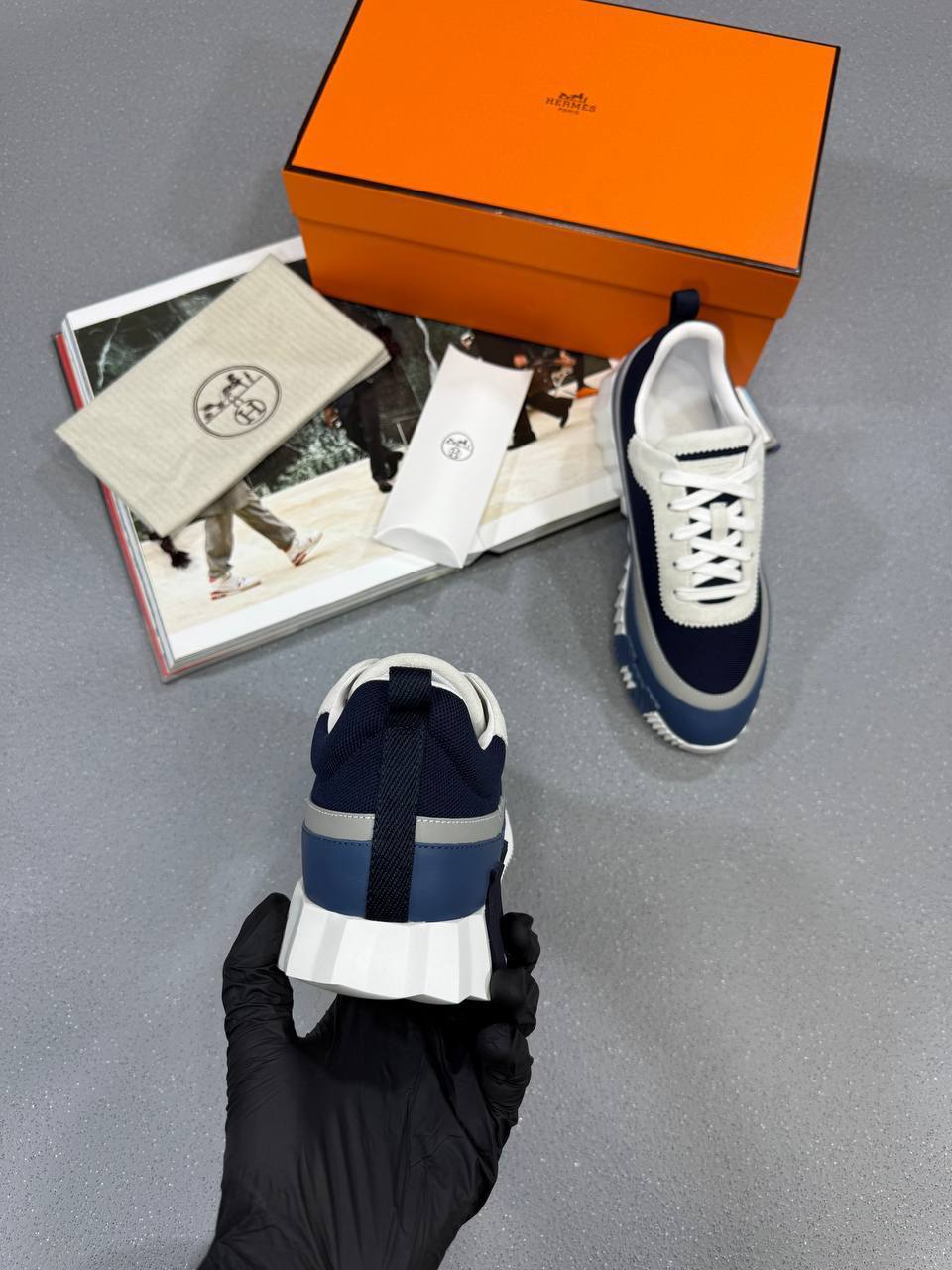 Hermes Leather Blue/Gray Bouncing Sneakers Mens Style & Comfort Best Sale UK Reps AAA Quality