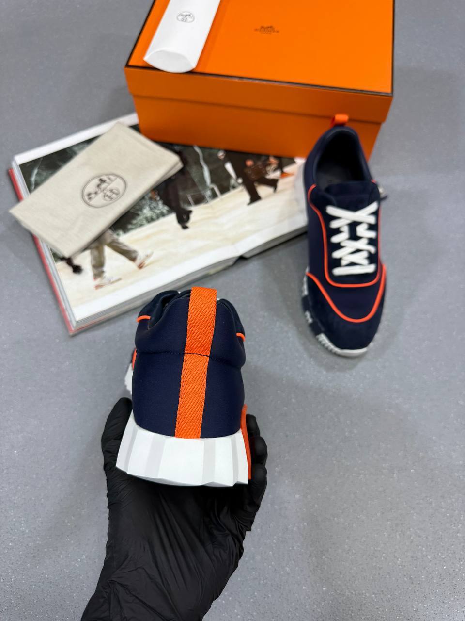 Hermes Leather Navy Blue Bouncing Sneakers Mens Style & Comfort Best Sale UK Reps AAA Quality