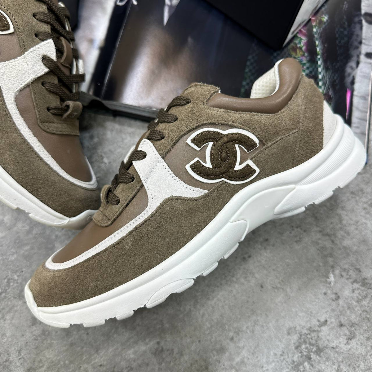 Chanel CC Calfskin & Mesh Khaki Colorway Trainers UK Reps Superclone Quality