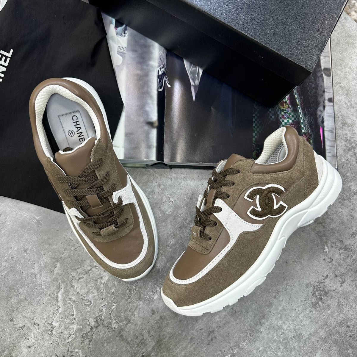 Chanel CC Calfskin & Mesh Khaki Colorway Trainers UK Reps Superclone Quality