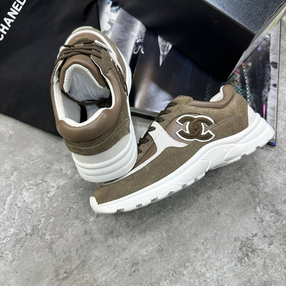 Chanel CC Calfskin & Mesh Khaki Colorway Trainers UK Reps Superclone Quality