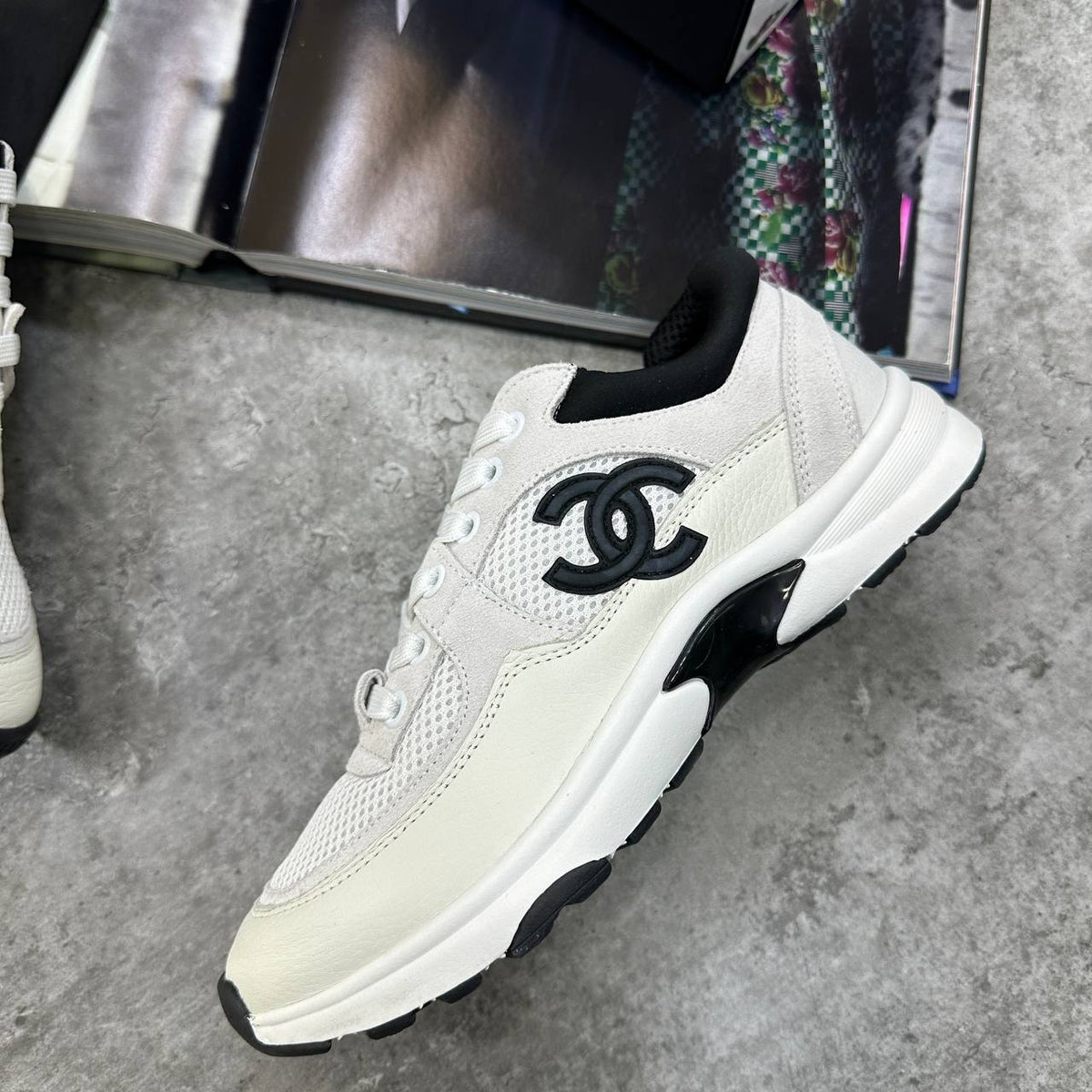Chanel CC Calfskin & Mesh White & Black Colorway Trainers UK Reps Superclone Quality