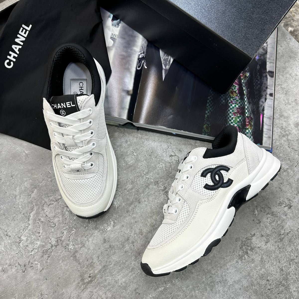 Chanel CC Calfskin & Mesh White & Black Colorway Trainers UK Reps Superclone Quality