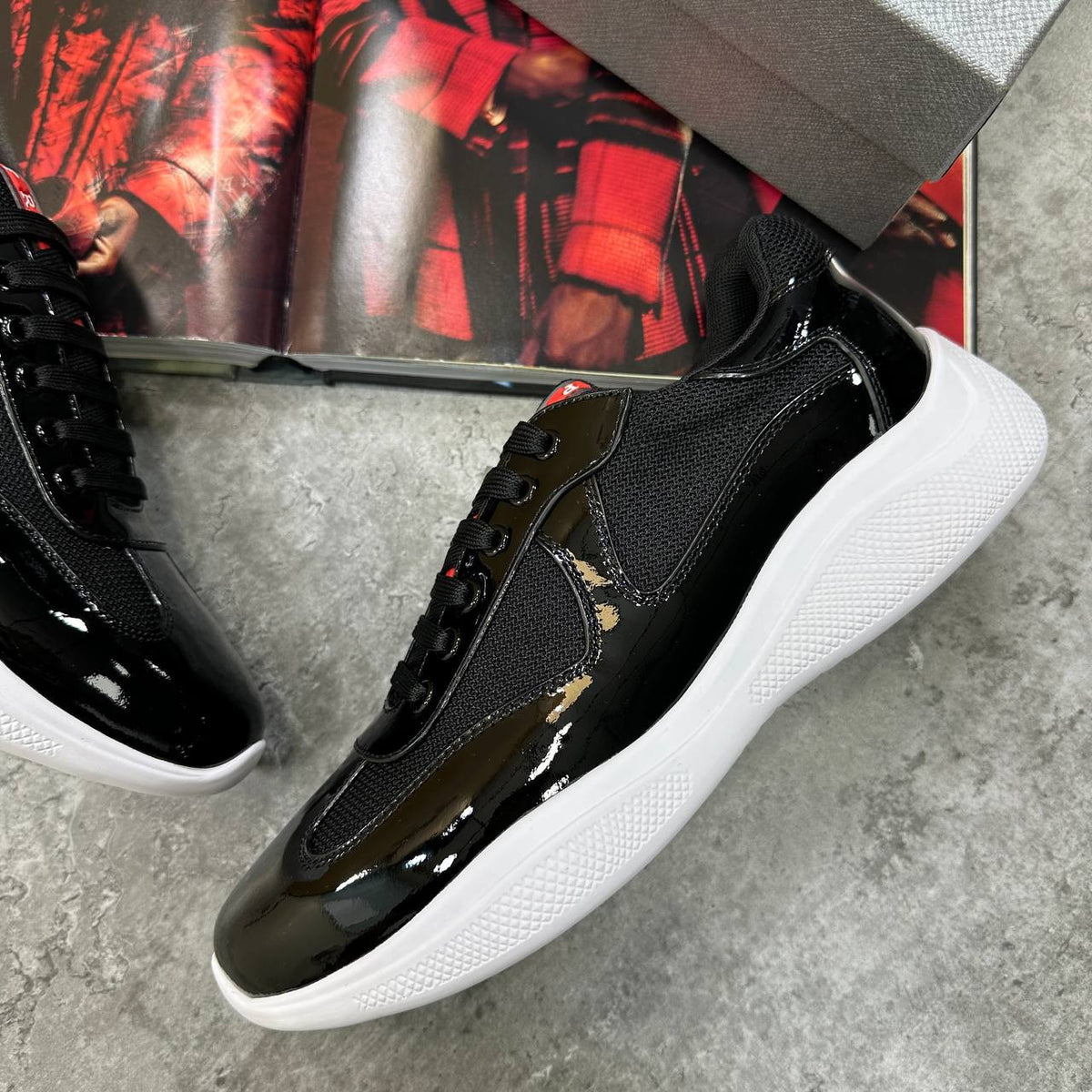 Prada America’s Cup Black Patent Leather Trainers Mens UK Reps Superclone Quality