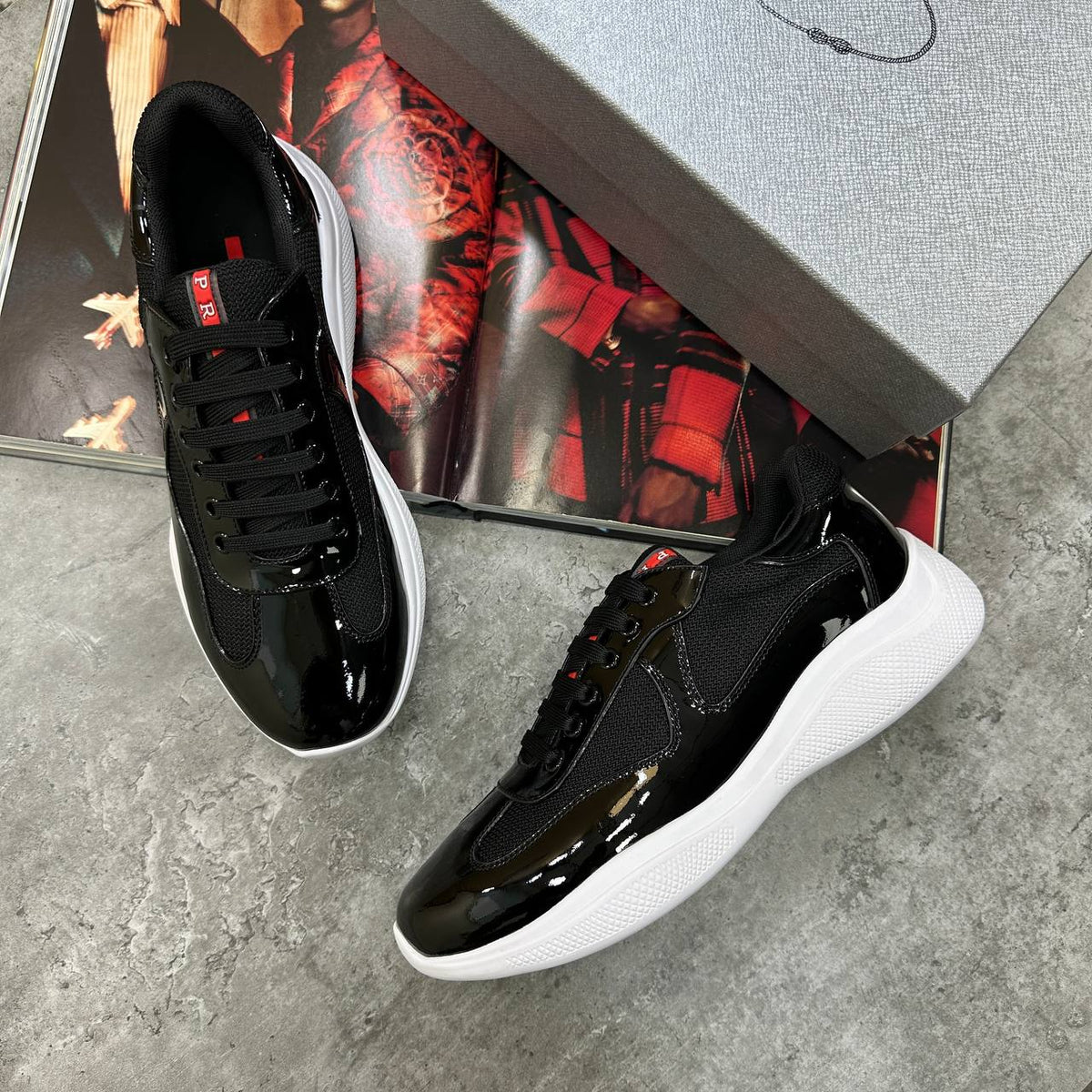 Prada America’s Cup Black Patent Leather Trainers Mens UK Reps Superclone Quality