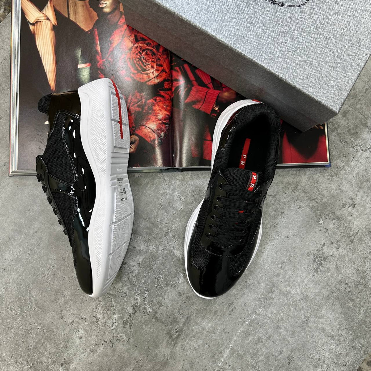 Prada America’s Cup Black Patent Leather Trainers Mens UK Reps Superclone Quality