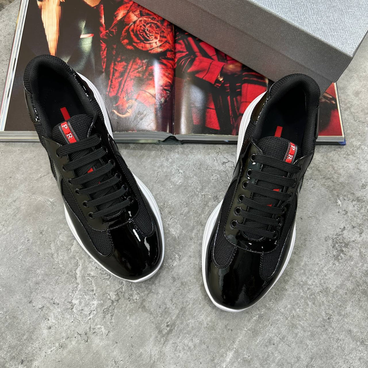 Prada America’s Cup Black Patent Leather Trainers Mens UK Reps Superclone Quality
