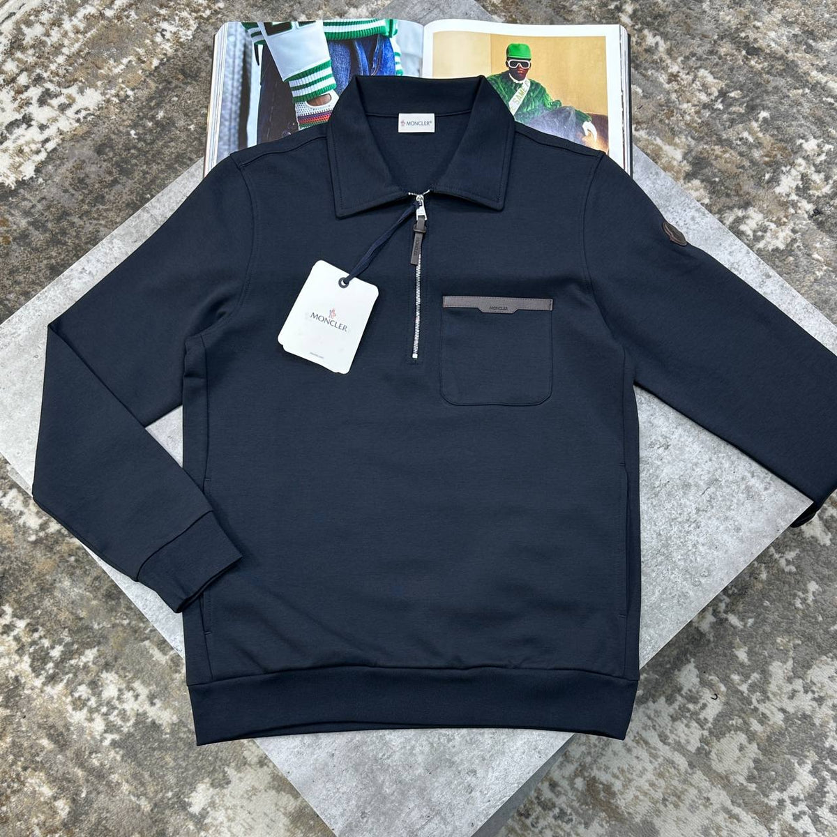 Moncler Leather Logo Cotton Blend Half-Zip Jumpers Men UK Reps Superclone Quality