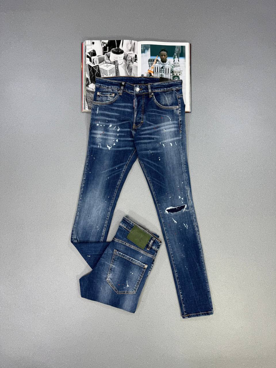 Dsquared2 Tidy Biker Painted Distressed Skinny Jeans Pants Men's Dark Blue in Multiple Waist Sizes Best Sale UK Reps AAA Quality