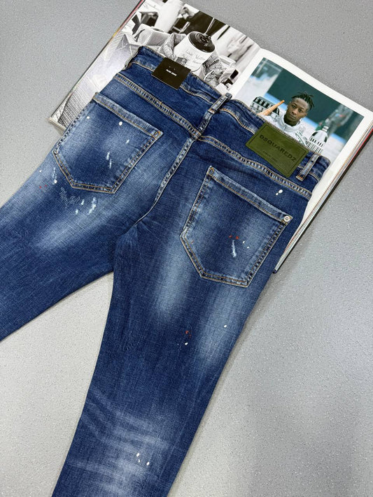 Dsquared2 Tidy Biker Painted Distressed Skinny Jeans Pants Men's Dark Blue in Multiple Waist Sizes Best Sale UK Reps AAA Quality