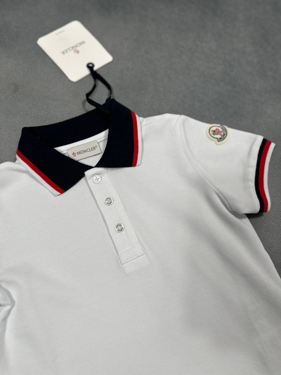 Moncler Enfant Brand Print Crewneck Stretch Cotton Navy Tricolor Trimmed Polo Shirts Mens in 2 Colors UK Reps AAA Quality