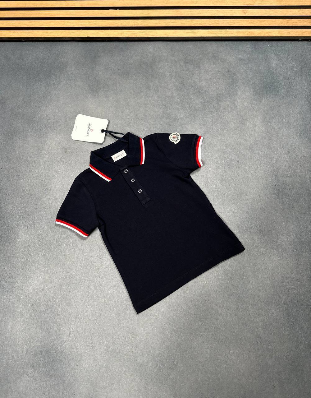 Moncler Enfant Brand Print Crewneck Stretch Cotton Navy Tricolor Trimmed Polo Shirts Mens in 2 Colors UK Reps AAA Quality