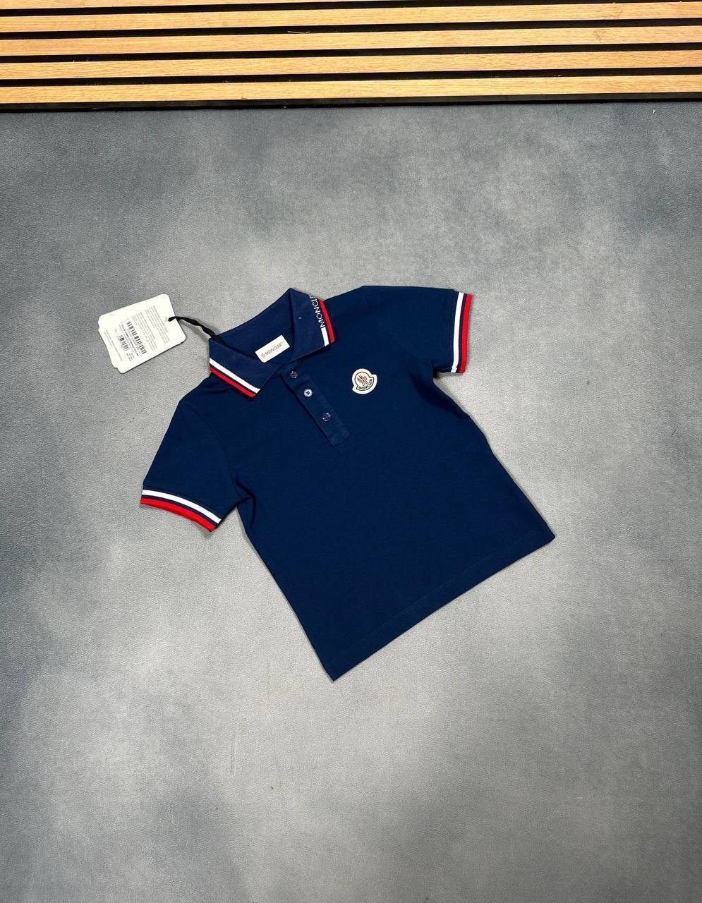 Moncler Enfant Brand Print Crewneck Stretch Cotton Navy Tricolor Trimmed Polo Shirts Mens in 2 Colors UK Reps AAA Quality