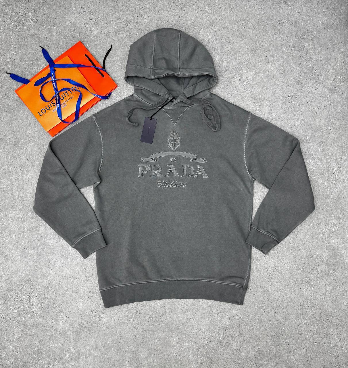 Prada Cotton Logo Printed Hoodie Mens in Grey Best Sale UK Reps AAA Quality