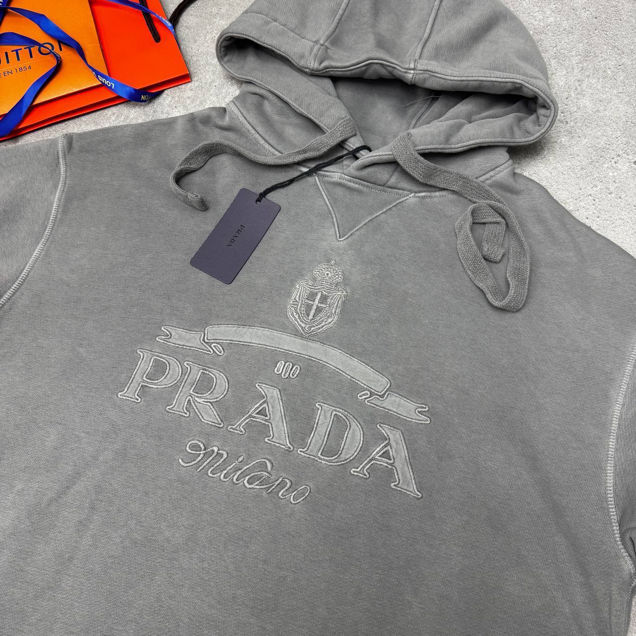 Prada Cotton Logo Printed Hoodie Mens in Grey Best Sale UK Reps AAA Quality