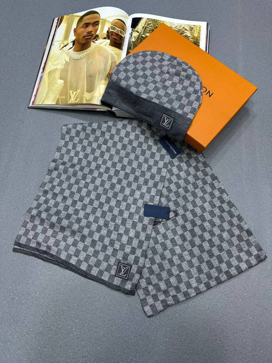 Louis Vuitton Hat & Scarf Set Logo Womens in Grey Best Sale UK Reps AAA Quality